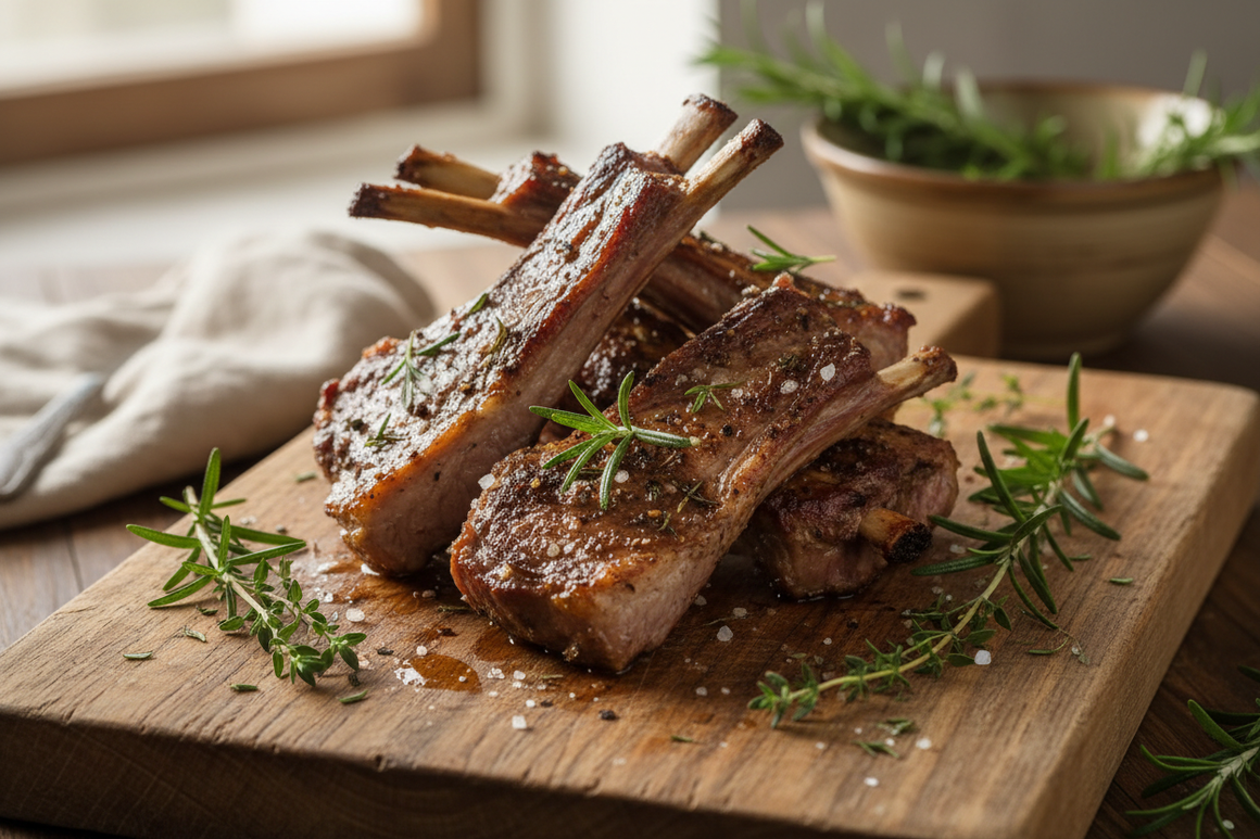 lamb ribs on a wooden chopping board with herbs
